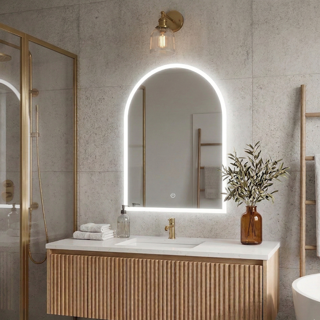 Bathroom with a vanity, sink, and illuminated mirror.