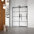 Modern bathroom with a glass shower door, wooden wall, and decorative elements.