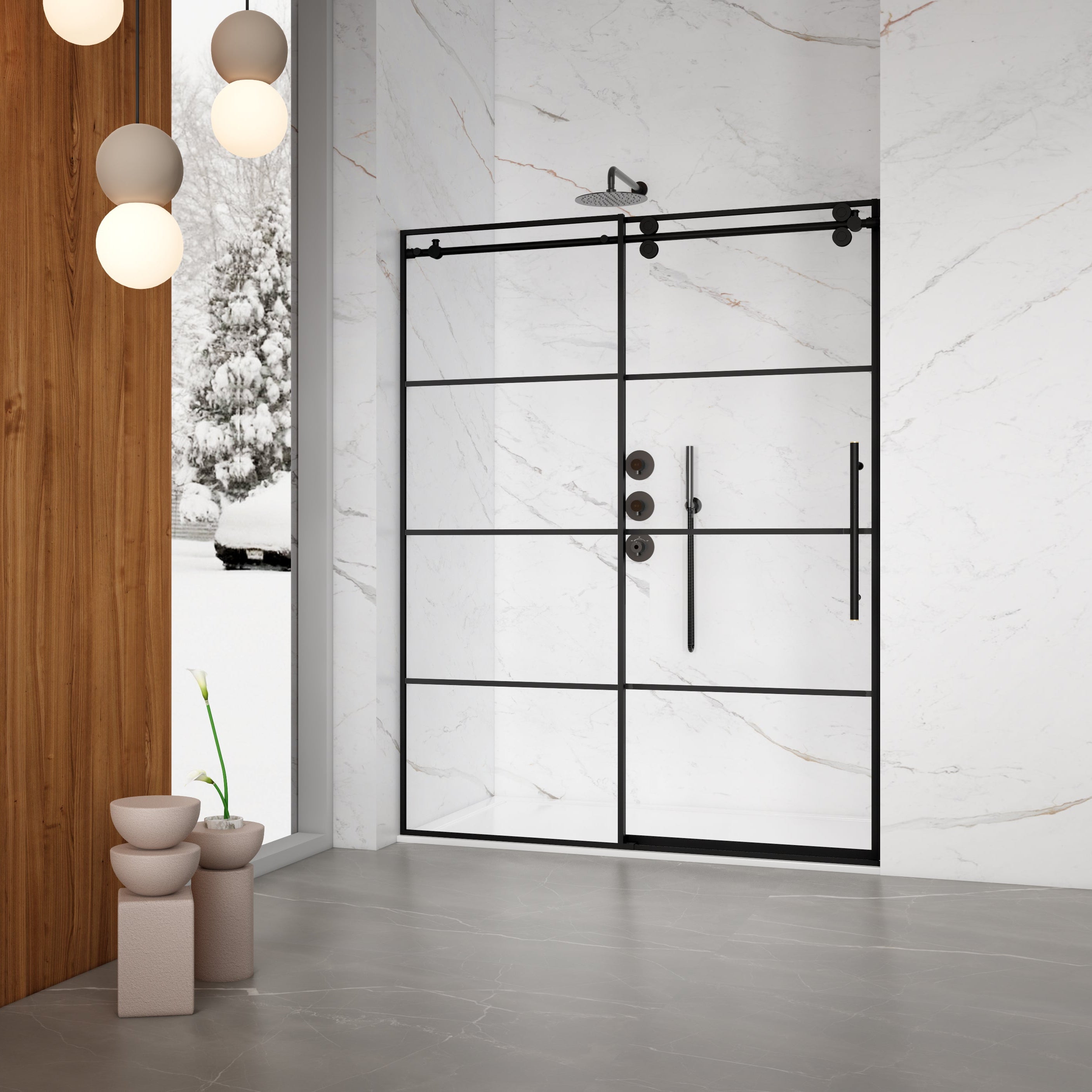 Modern bathroom with a glass shower door, wooden wall, and decorative elements.