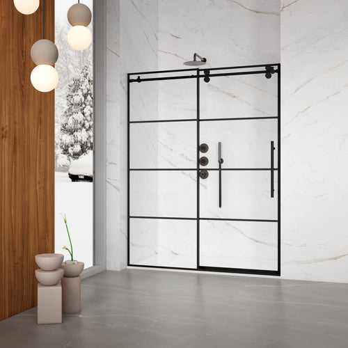 Modern bathroom with a glass shower door, wooden wall, and decorative elements.