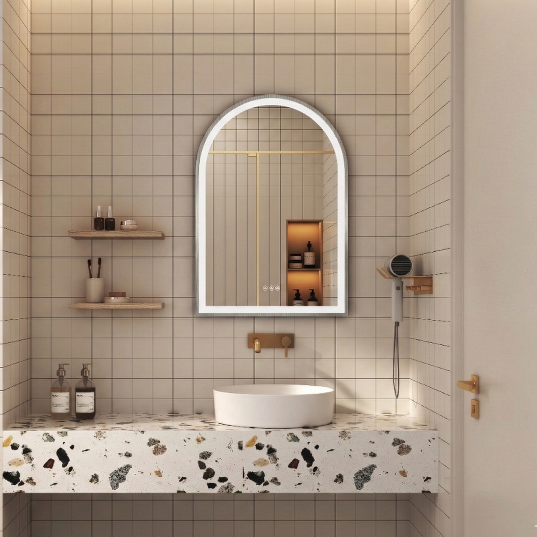 Bathroom interior with a mirror, sink, and shelves.