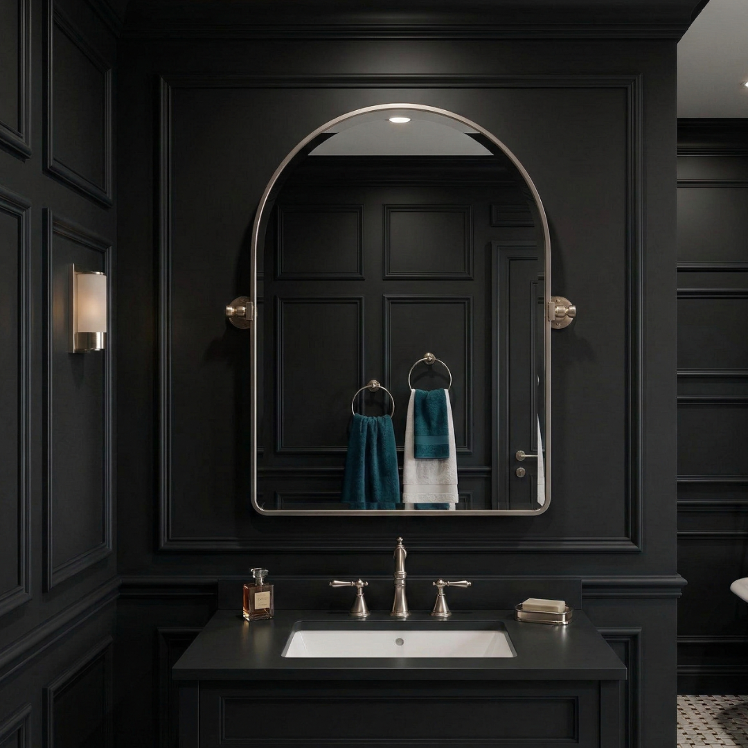 Bathroom with dark paneling, sink, and mirror