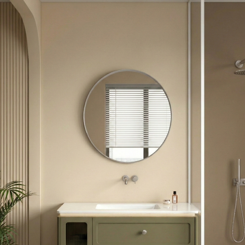 Bathroom with round mirror, sink, and vanity unit on a beige wall.