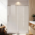 Bathroom with a glass shower door, wooden stool, and decorative items.