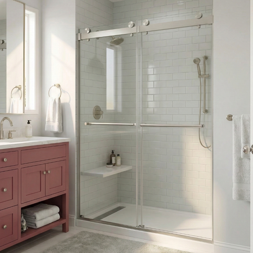 Bathroom with a glass shower enclosure, pink vanity, and white tiles.
