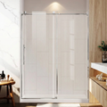 Modern shower enclosure in a bathroom setting with wooden cabinets and marble walls.