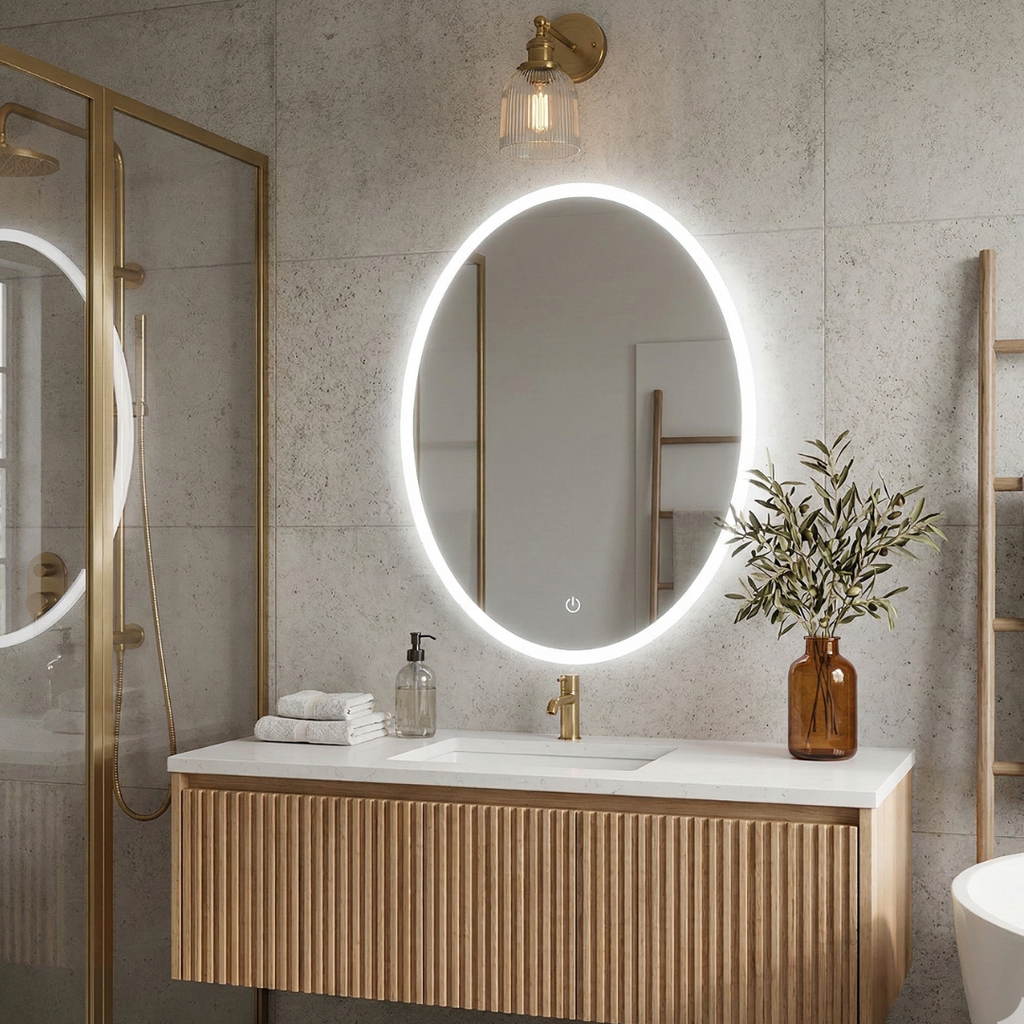 Bathroom vanity with a round illuminated mirror, wooden cabinet, and decorative elements.