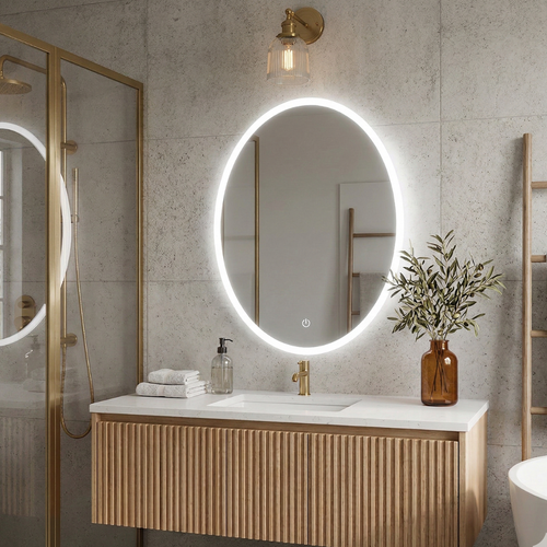 Bathroom vanity with a round illuminated mirror, wooden cabinet, and decorative elements.