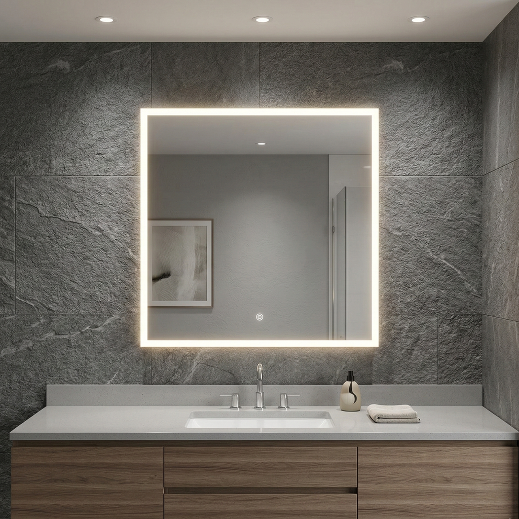 Modern bathroom vanity with illuminated mirror against a stone wall.