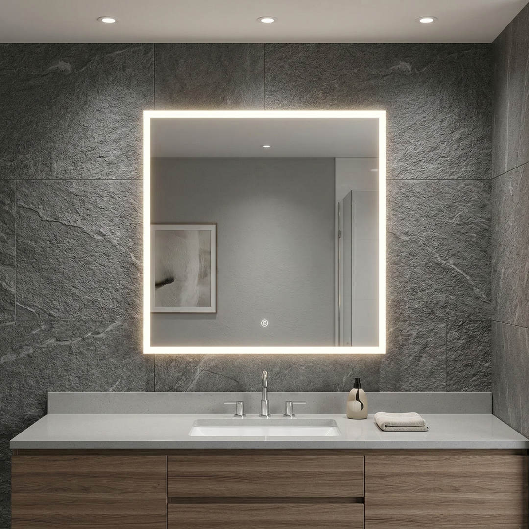 Modern bathroom vanity with illuminated mirror against a stone wall.