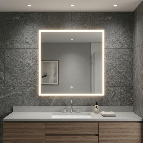 Modern bathroom vanity with illuminated mirror against a stone wall.