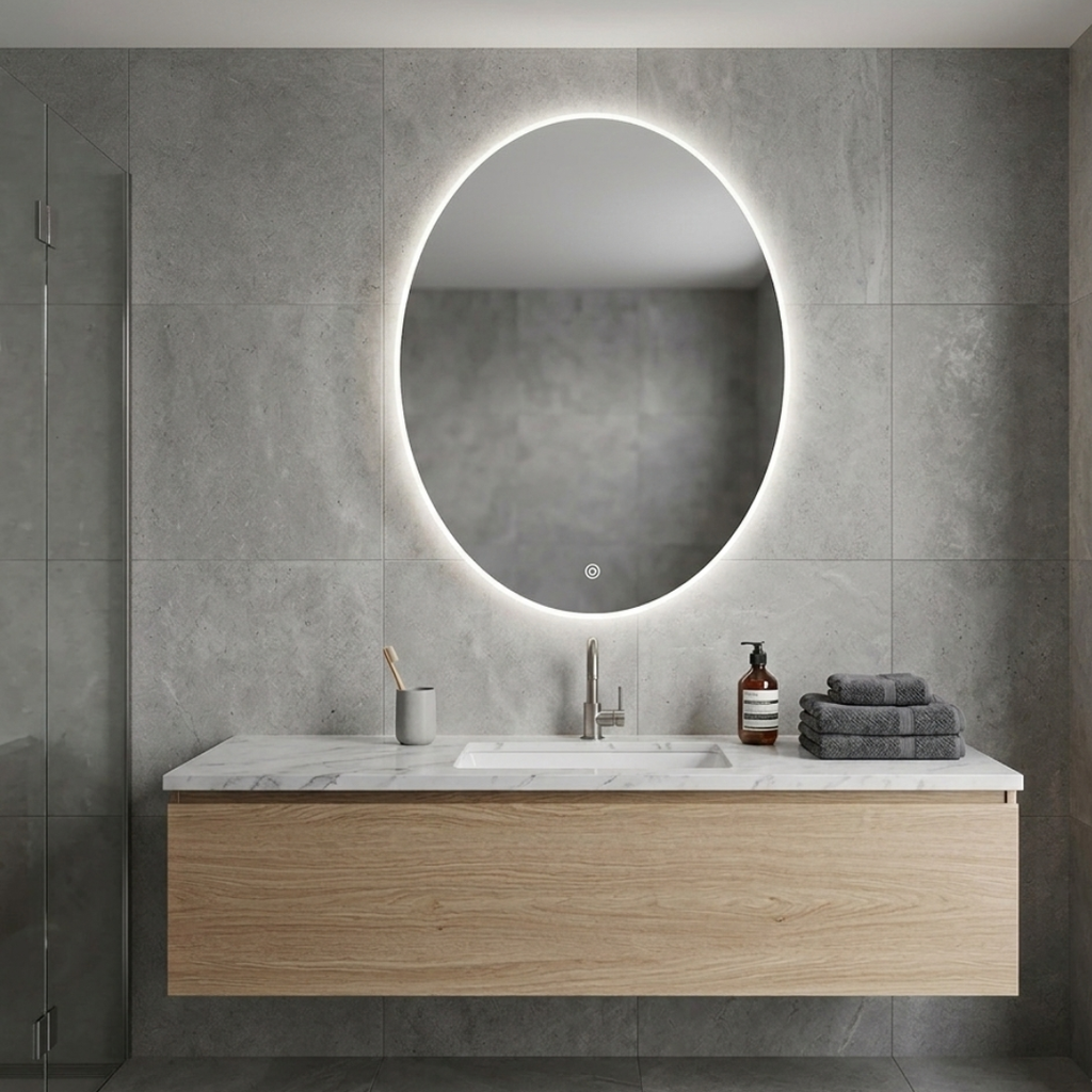 Bathroom vanity with round illuminated mirror and gray tiles