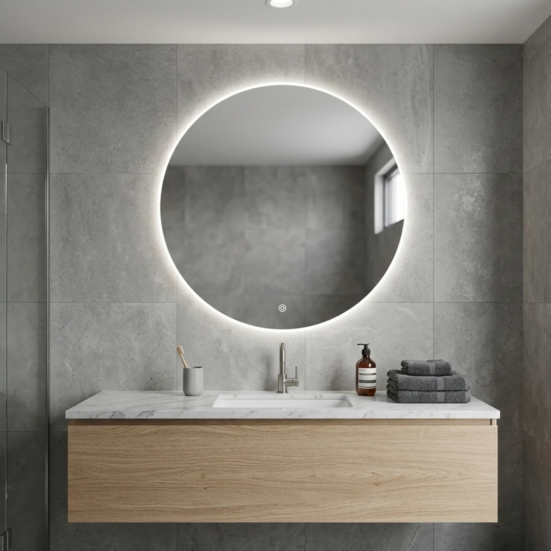 Modern bathroom vanity with round illuminated mirror and gray tiles.