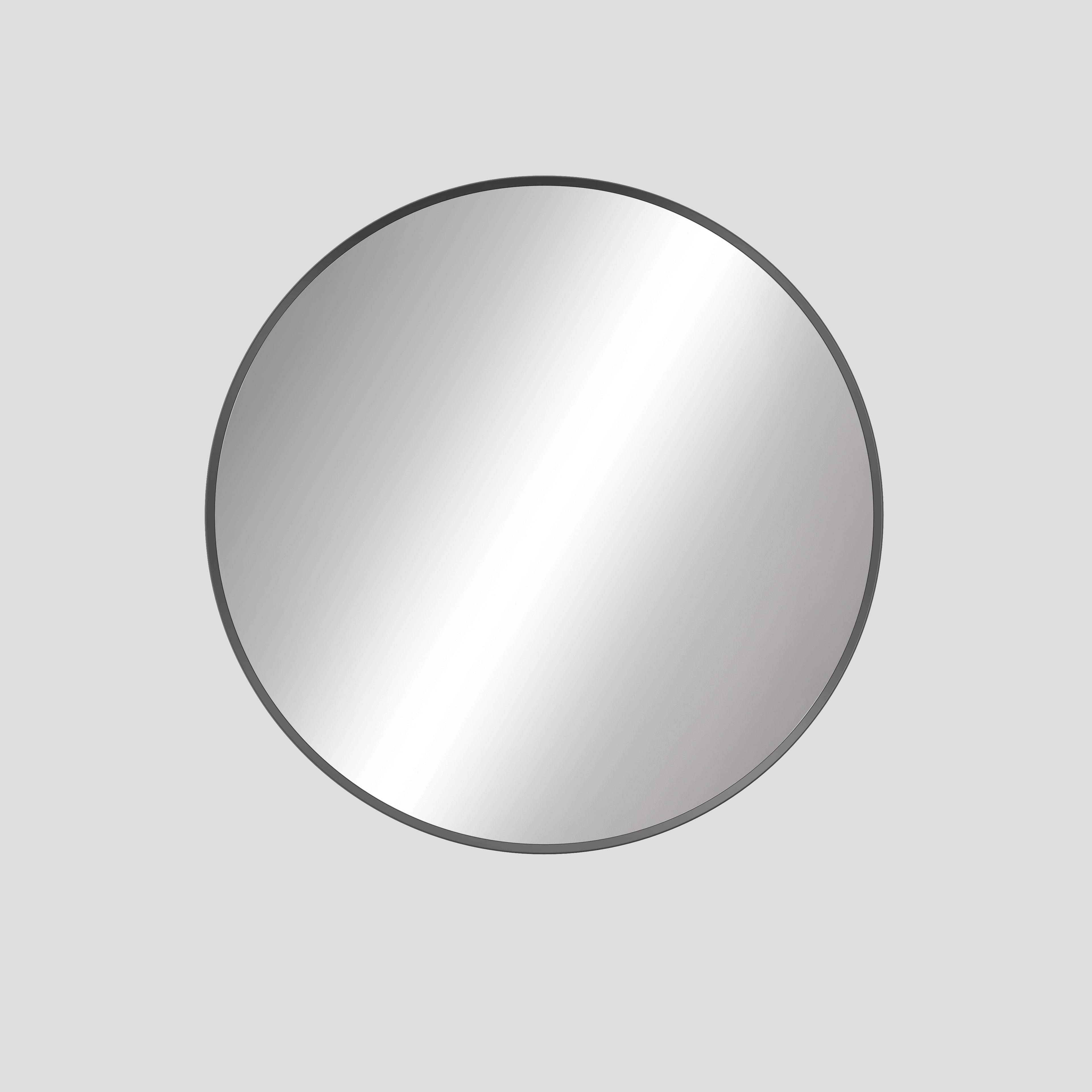 Round mirror with black frame on a light gray background