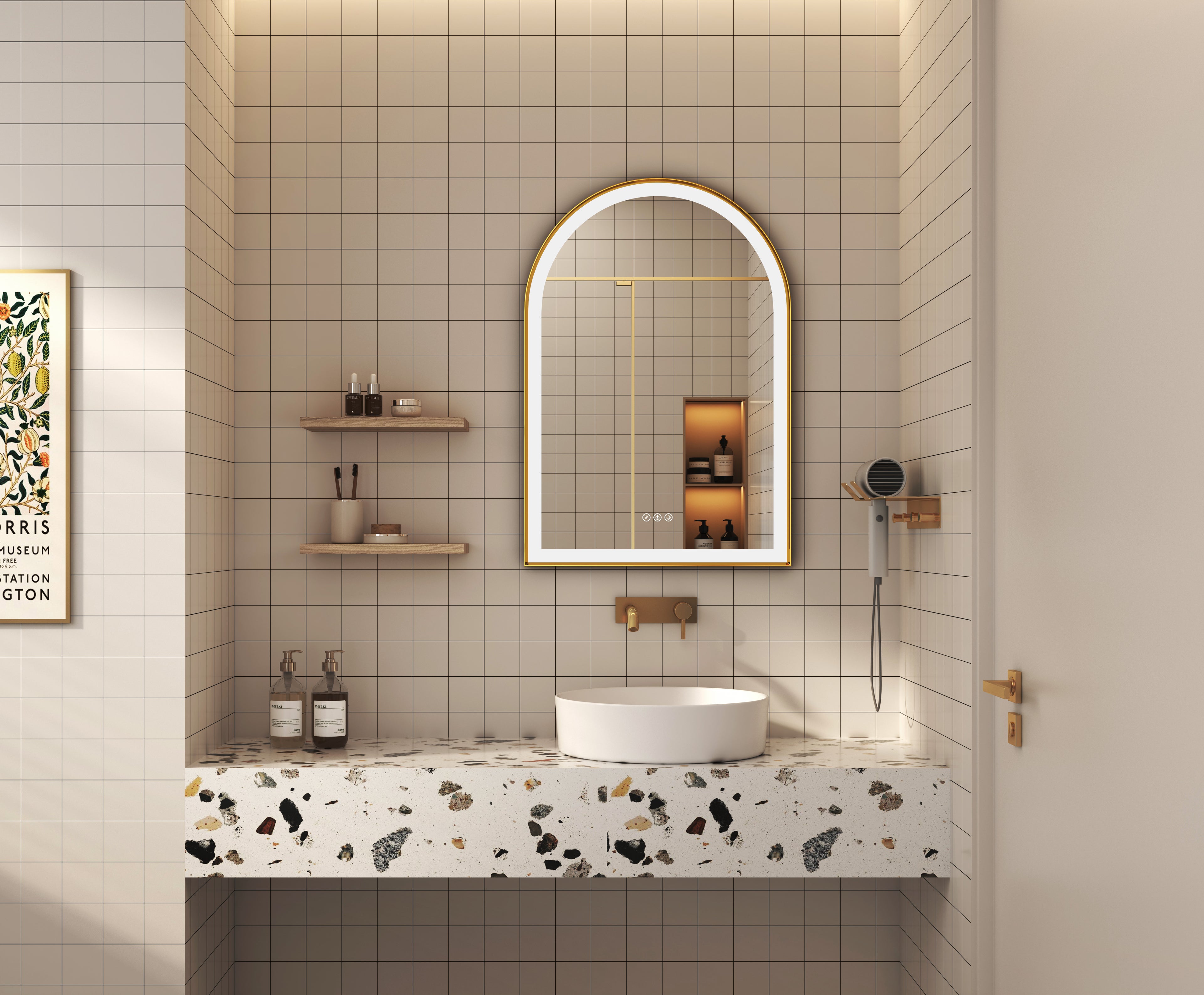 ELLIE 22" x 32" Arch LED Mirror – Brushed Gold