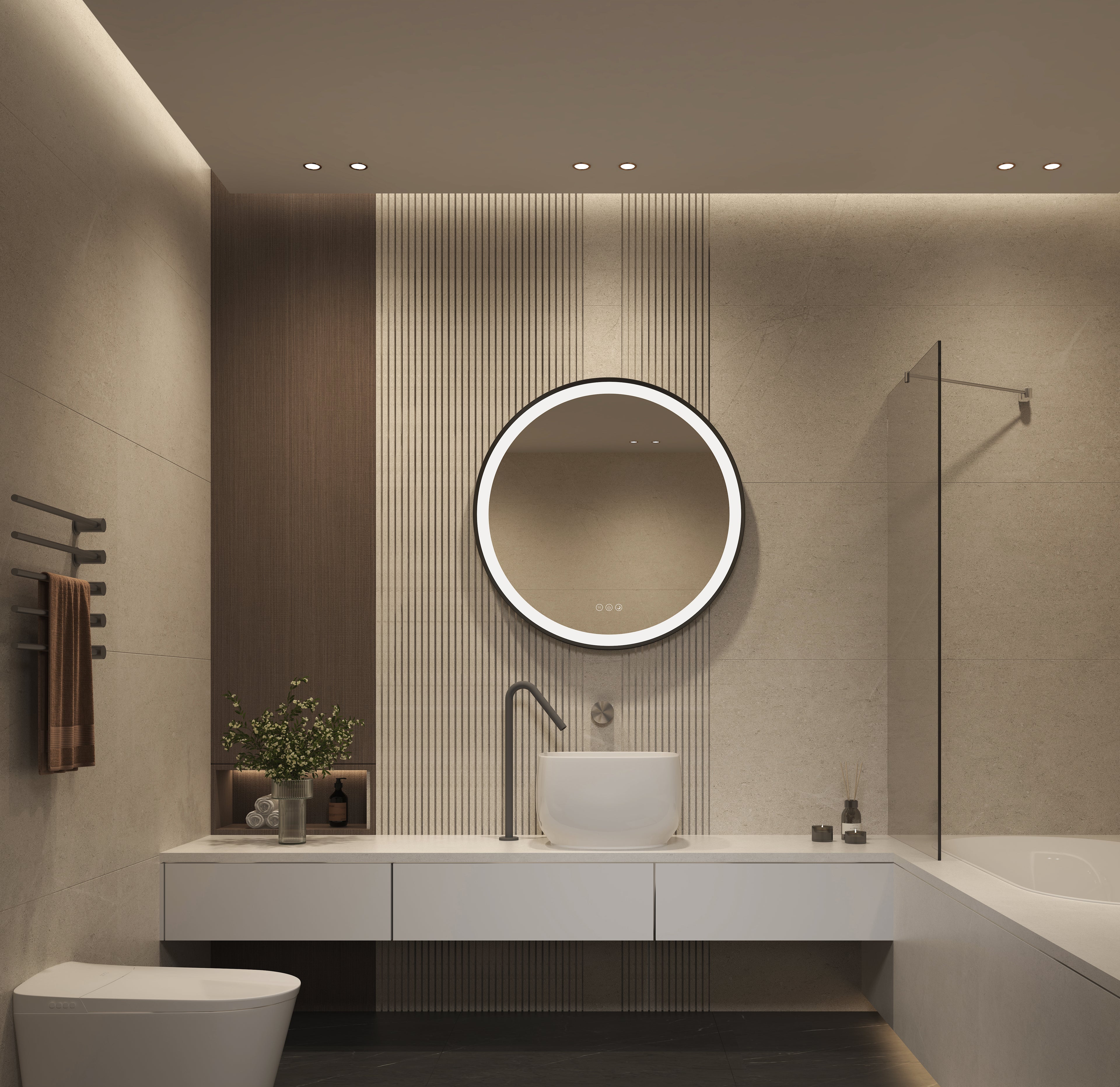 Modern bathroom with round illuminated mirror, sink, and shower.