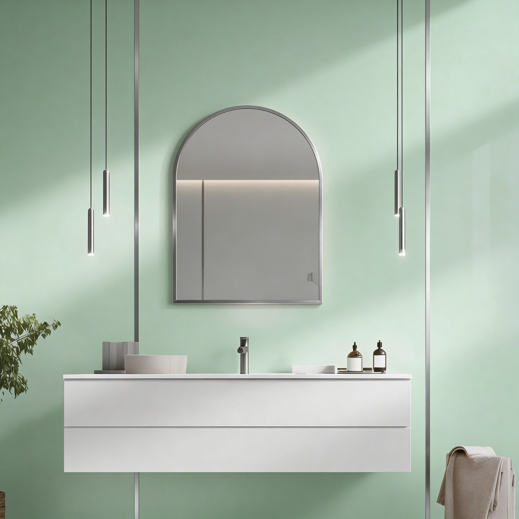 Bathroom vanity with Silver Arched mirror and lighting fixtures against a green wall.