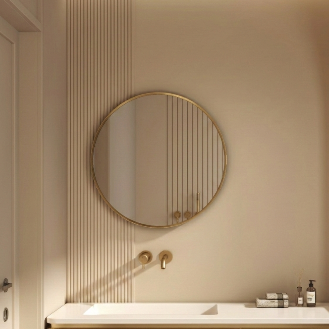 Round gold-framed mirror on a beige wall above a sink with toiletries.