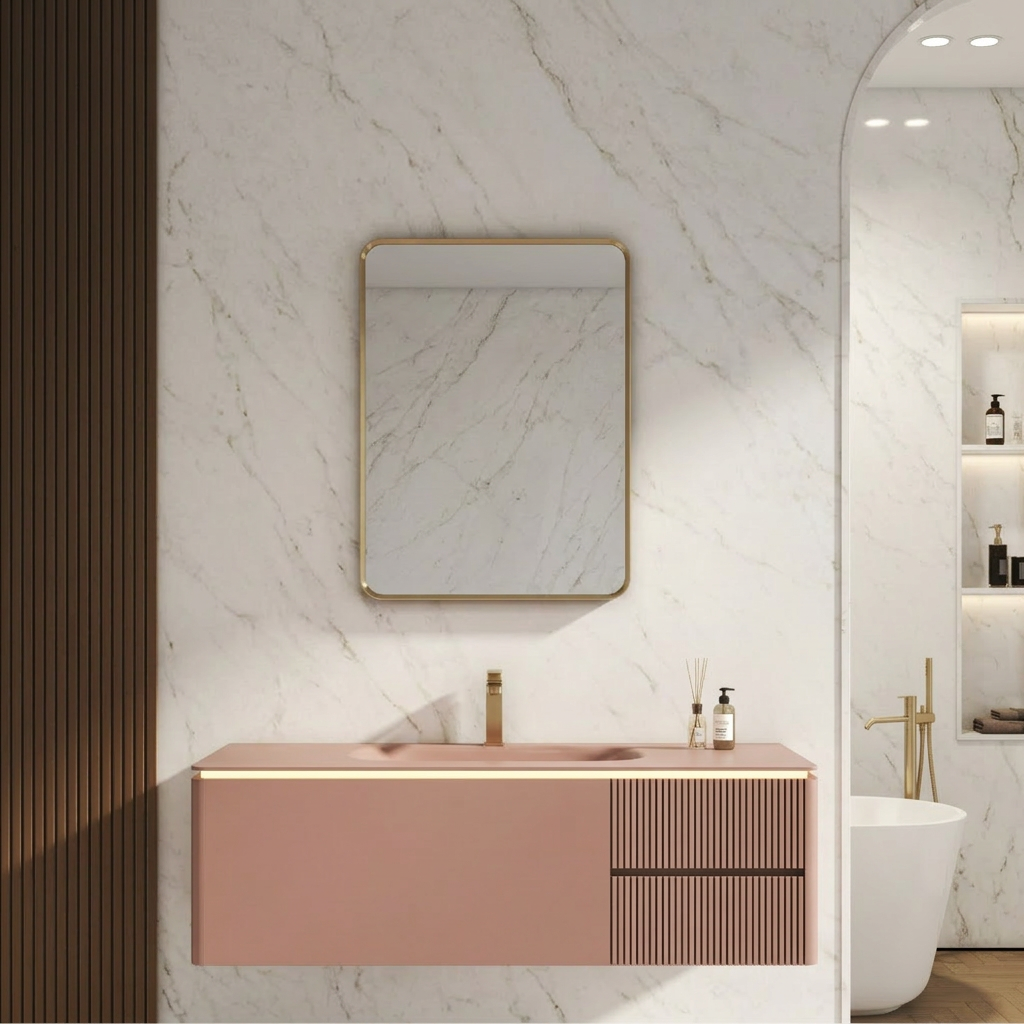 Rectangle gold mirror, Modern bathroom with a pink vanity, marble wall, and gold fixtures.