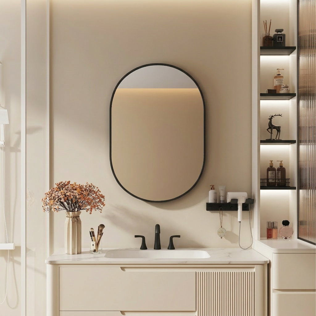 Bathroom vanity with round mirror, sink, and decorative items.