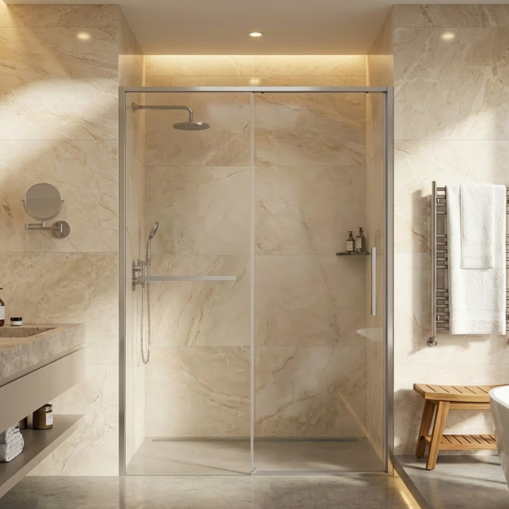 Modern bathroom with shower enclosure, sink, and bathtub.