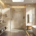 Modern bathroom with shower enclosure, sink, and bathtub.