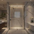 Modern bathroom with marble walls, a shower enclosure, and a bathtub.