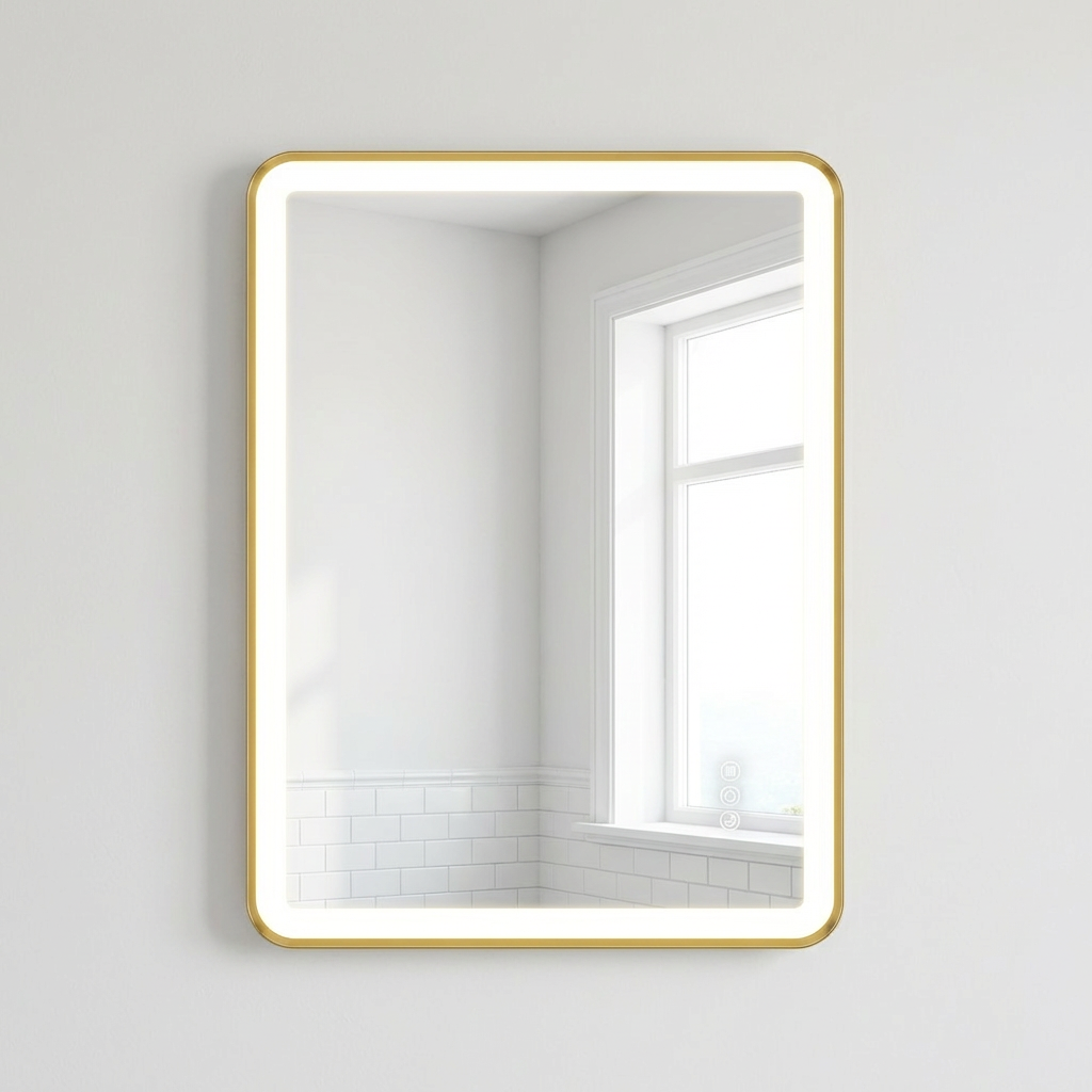 Rectangular mirror with a gold frame on a white wall