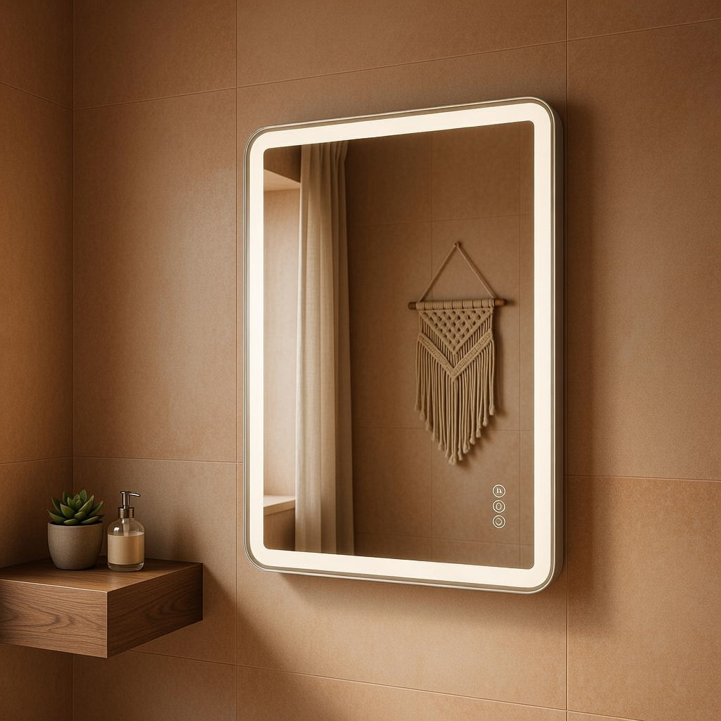 Bathroom mirror with LED lighting on a brown tiled wall