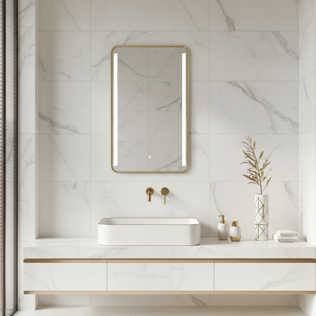 Modern bathroom with marble walls, a sink, and decorative elements. Medicine Cabinet mirror with LED lighting on the mirror