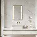 Modern bathroom with marble walls, a sink, and decorative elements.