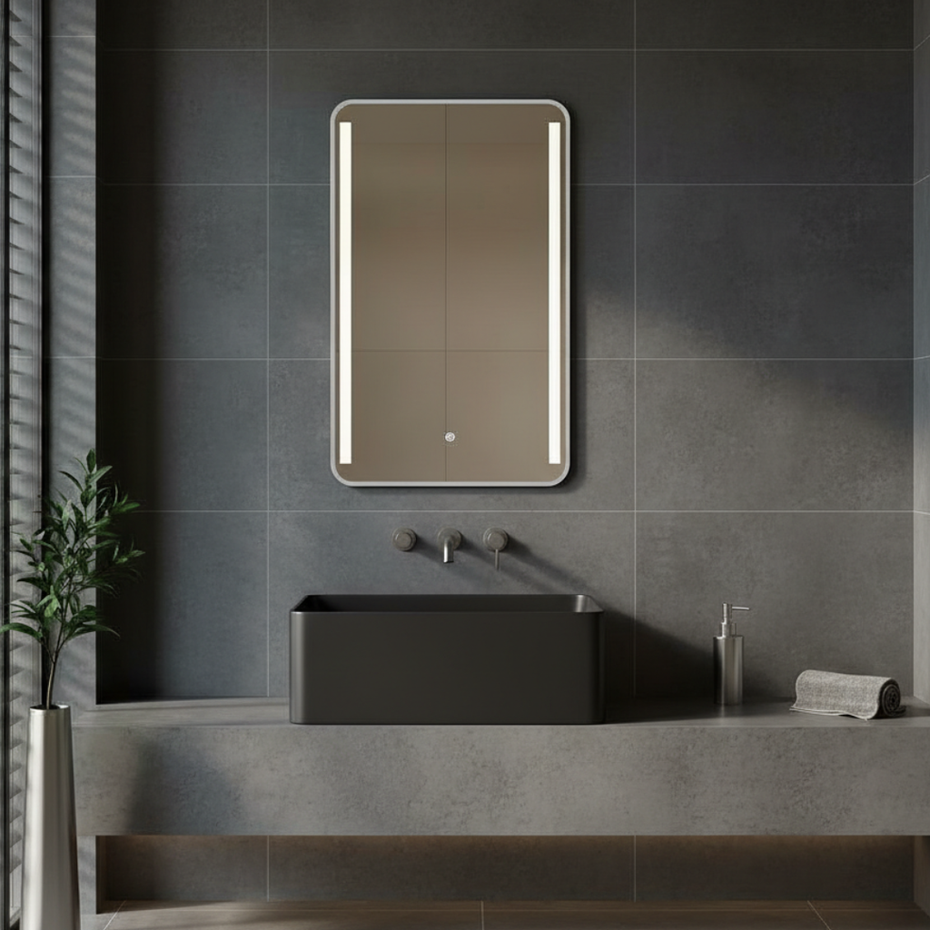 Modern bathroom with a black rectangular sink, illuminated mirror, and gray tiles.