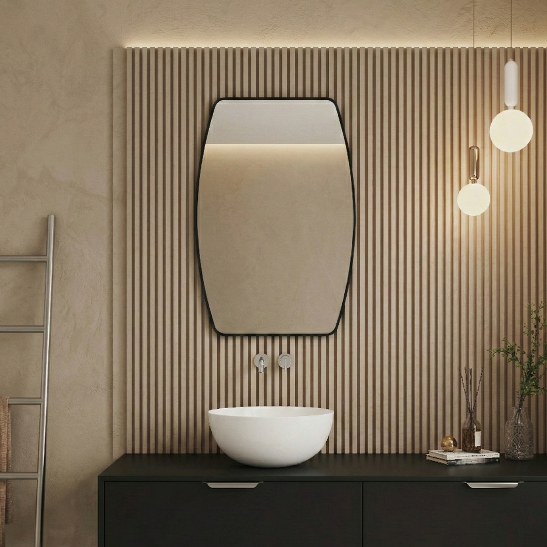 Bathroom interior with a mirror, sink, and decorative elements on a beige wall.