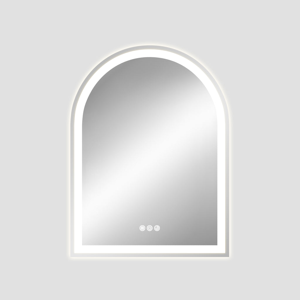 Arched mirror with LED lighting on a white wall
