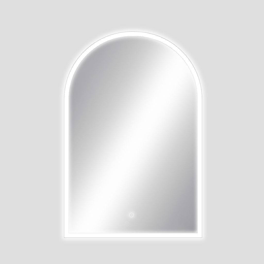 Arched mirror with a white frame on a light gray background