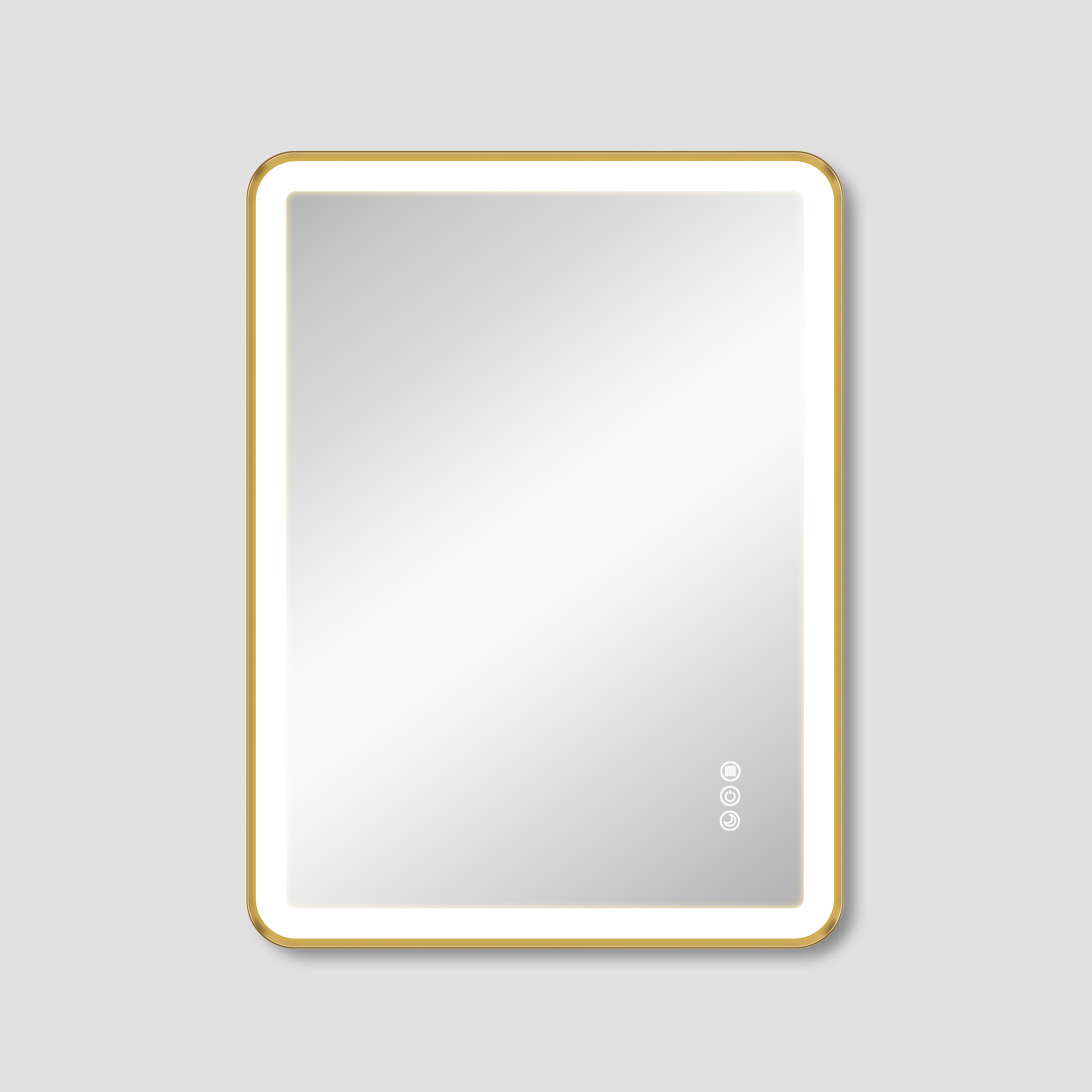 Rectangular mirror with a gold frame on a light gray background