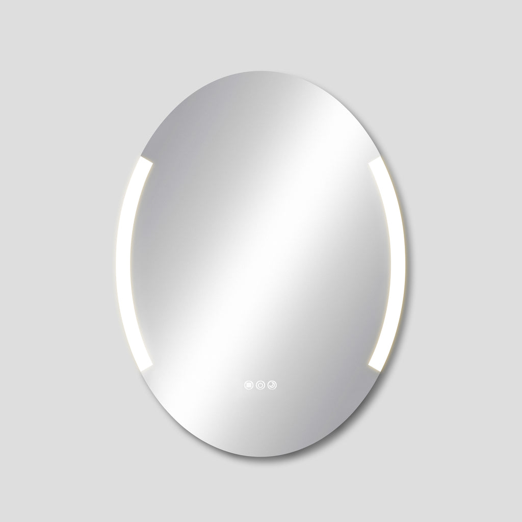 Round mirror with illuminated edges on a light gray background