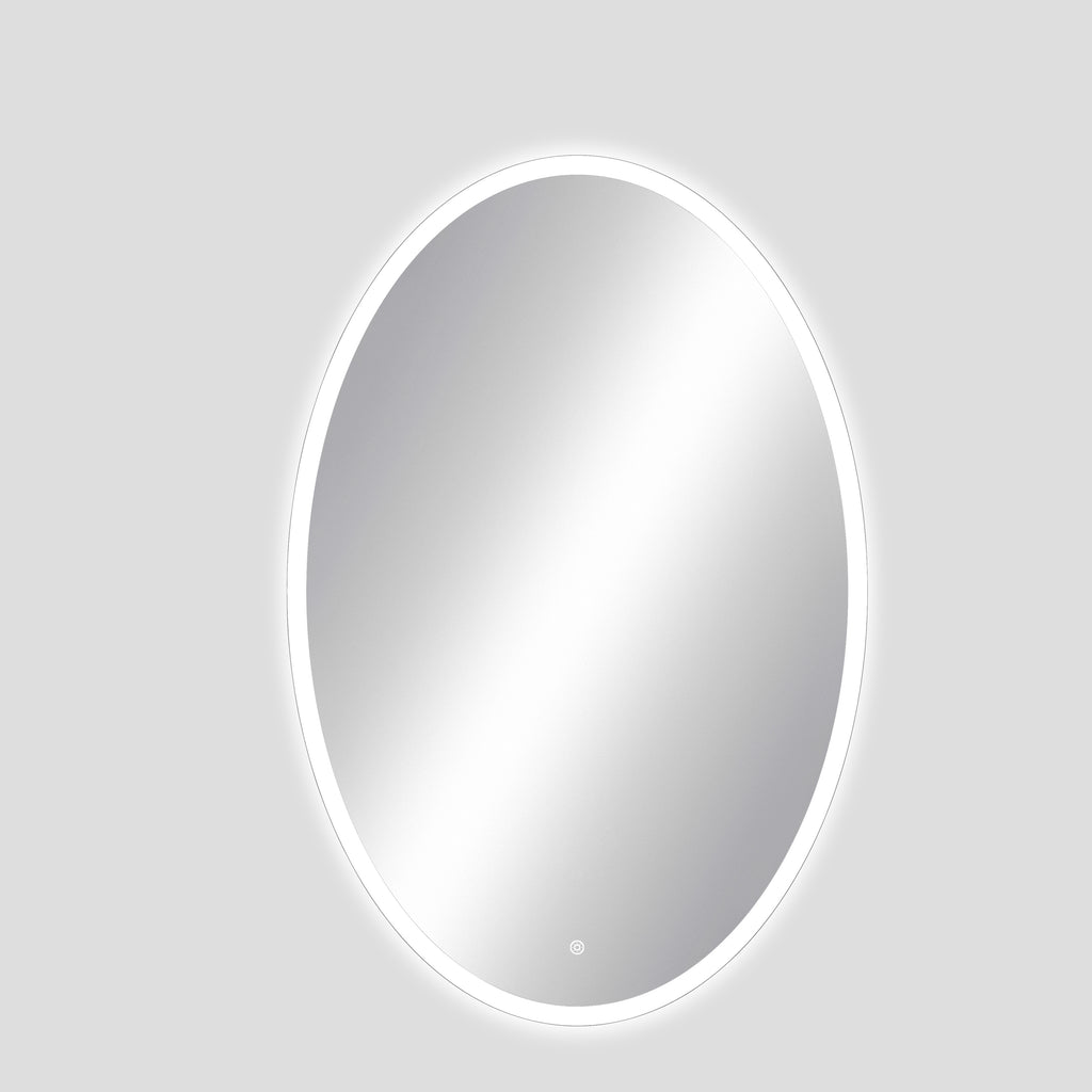 Oval-shaped mirror with a white frame on a light gray background