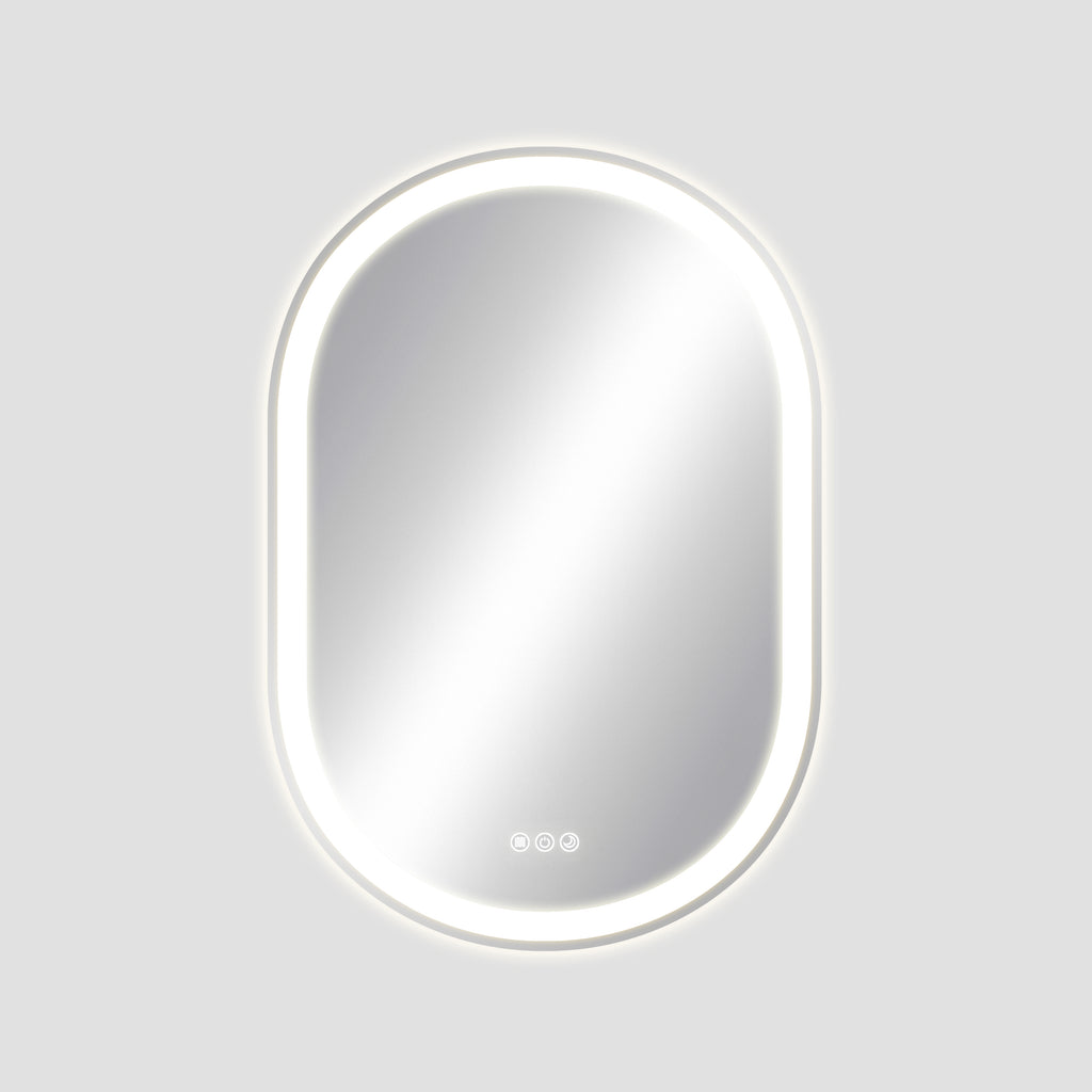 Rectangular mirror with a white frame on a light gray background