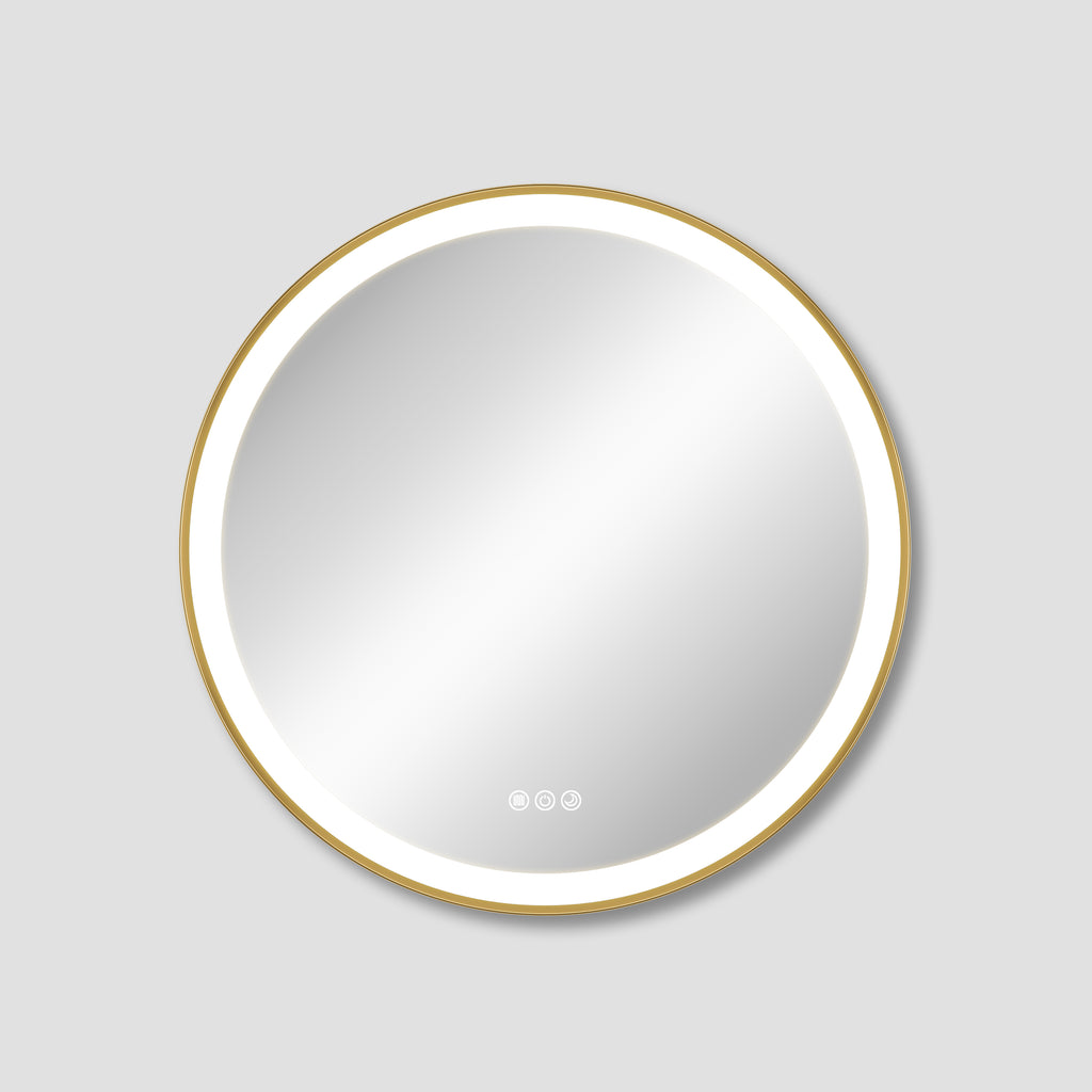 Round mirror with gold frame on a light gray background