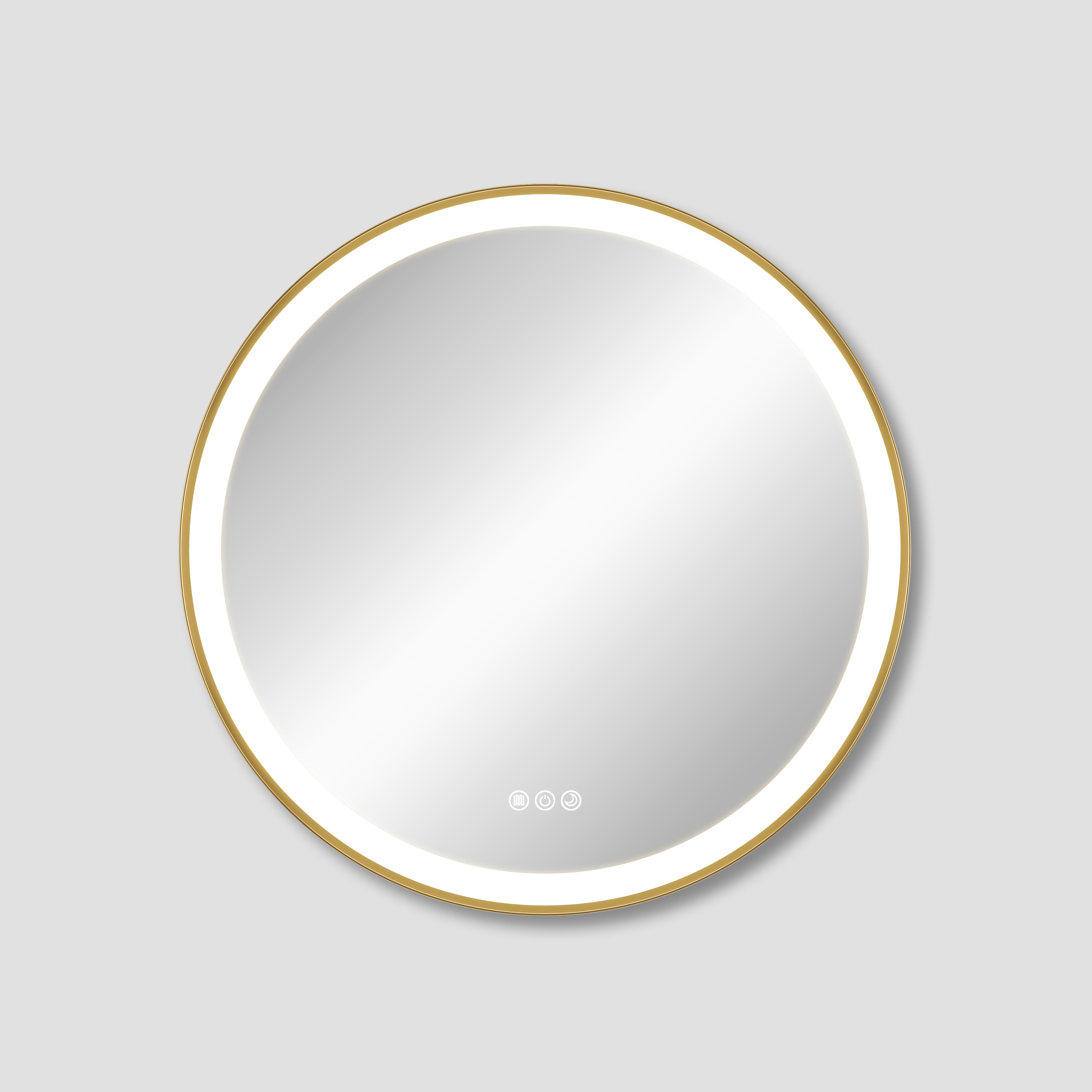 Round mirror with gold frame on a light gray background