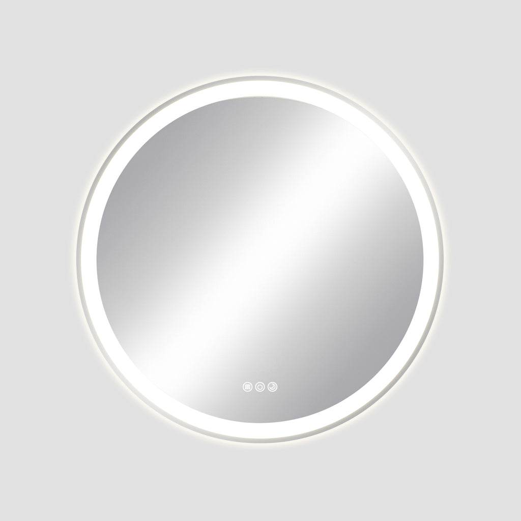 Round illuminated bathroom mirror on a light gray background
