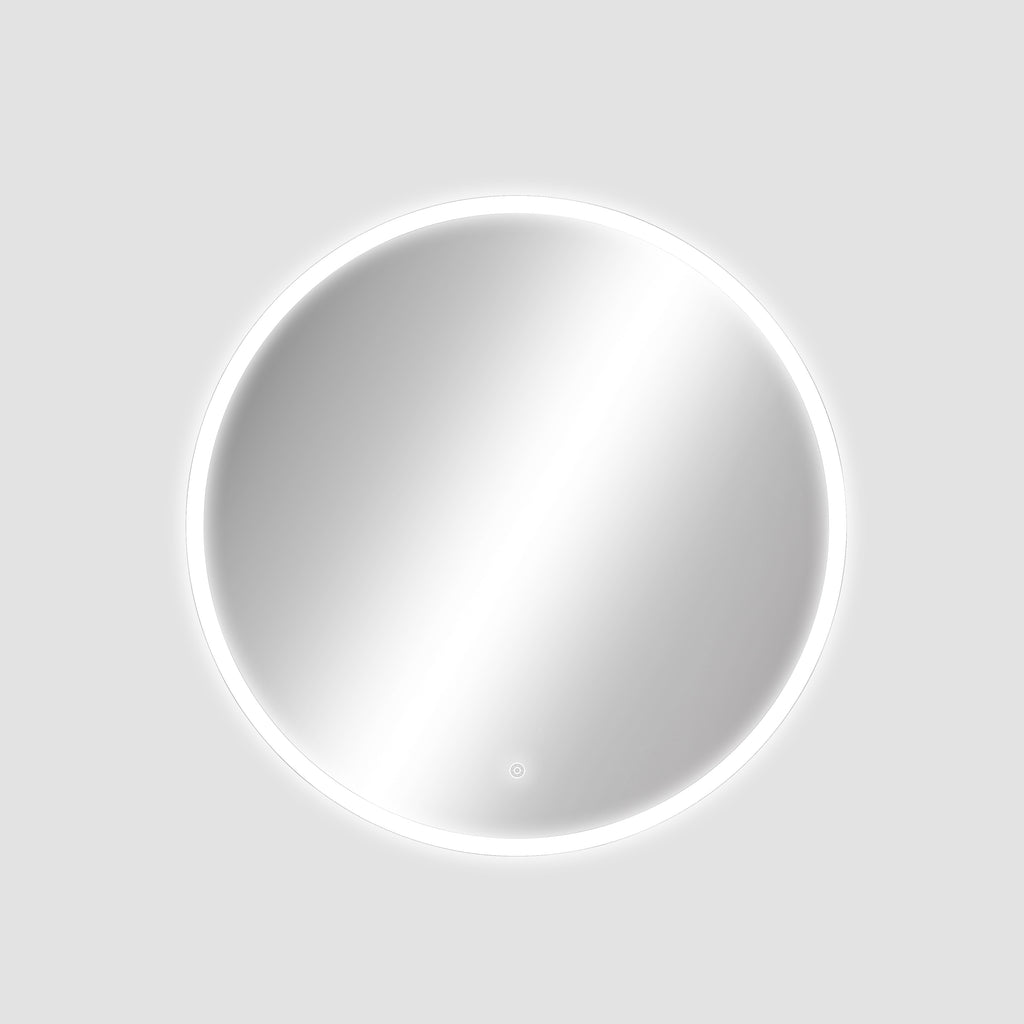 Illuminated round mirror on a light gray background