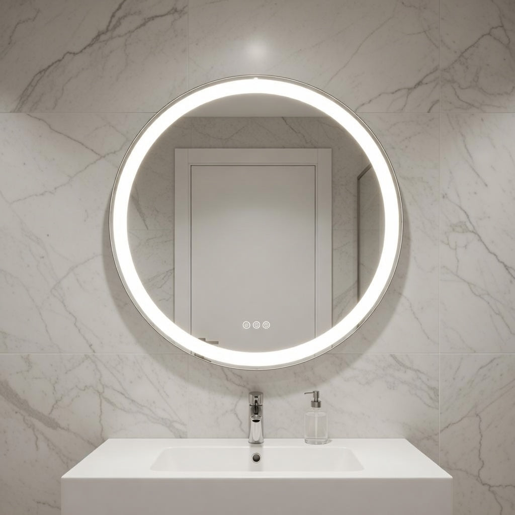 Round illuminated bathroom mirror on a marble wall