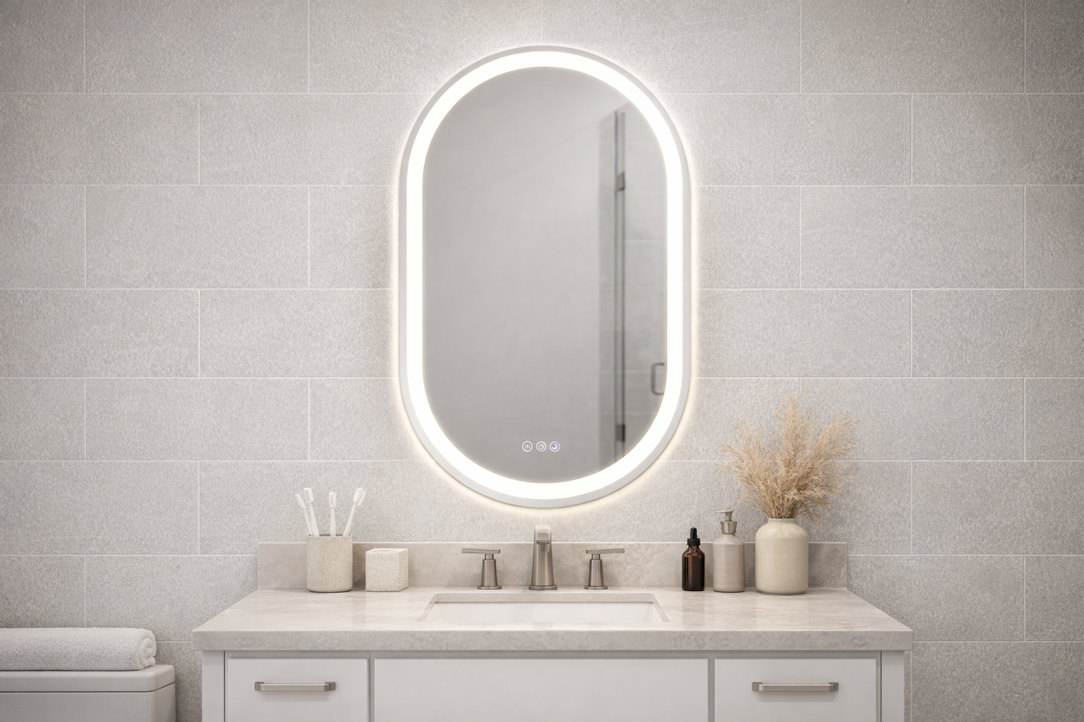Bathroom vanity with a illuminated mirror against a tiled wall.