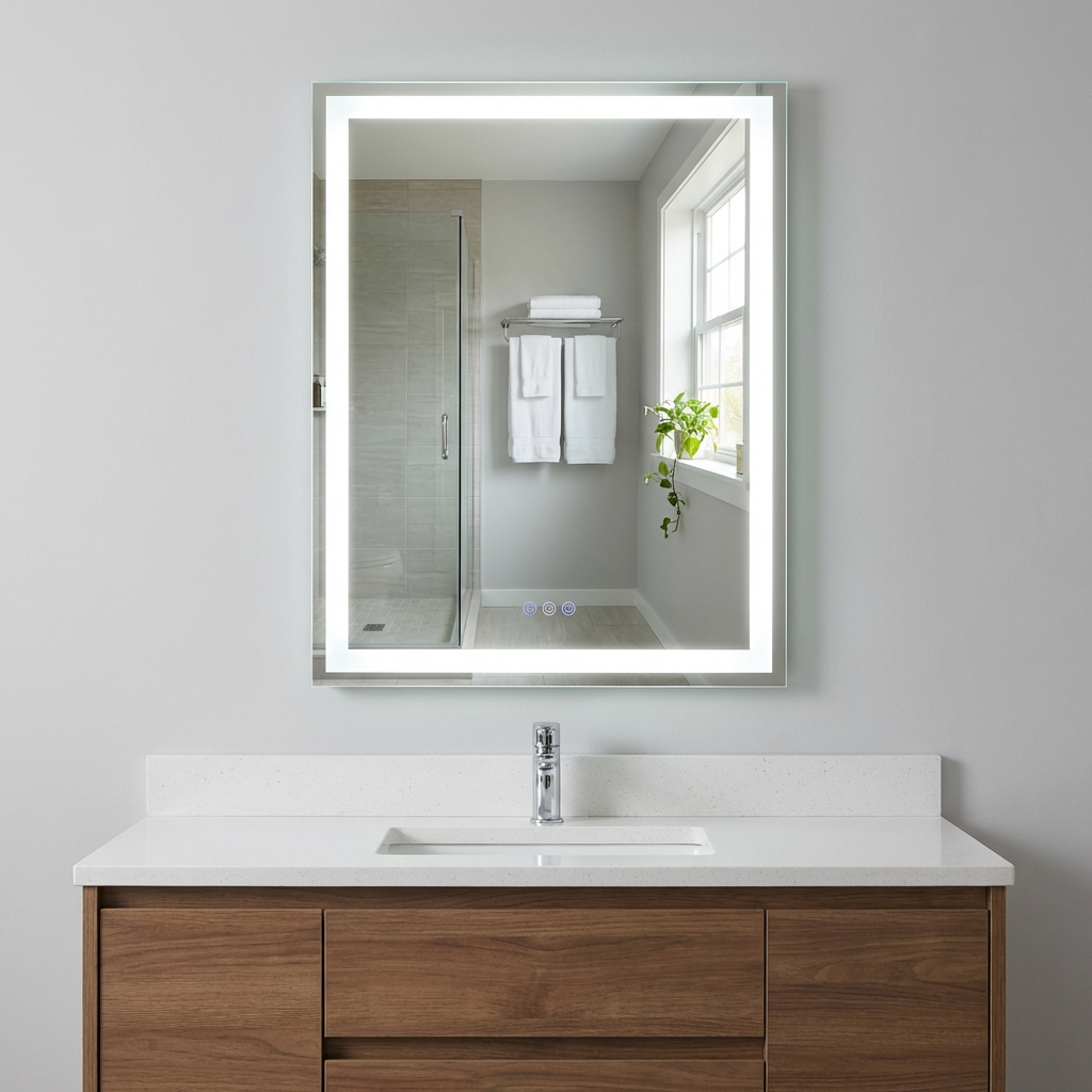 Bathroom vanity with a large illuminated mirror above a sink.