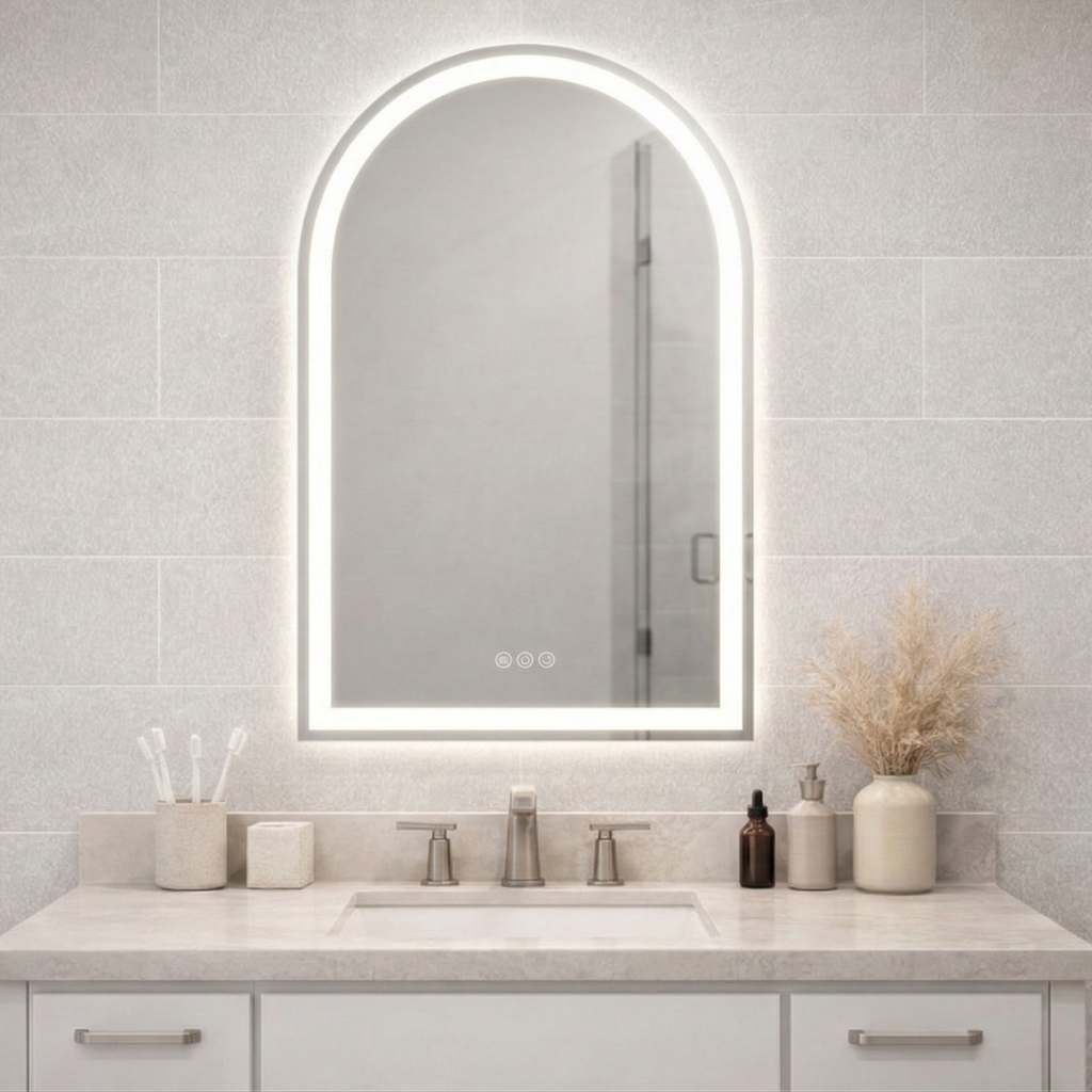 Bathroom vanity with a large illuminated mirror above the sink.