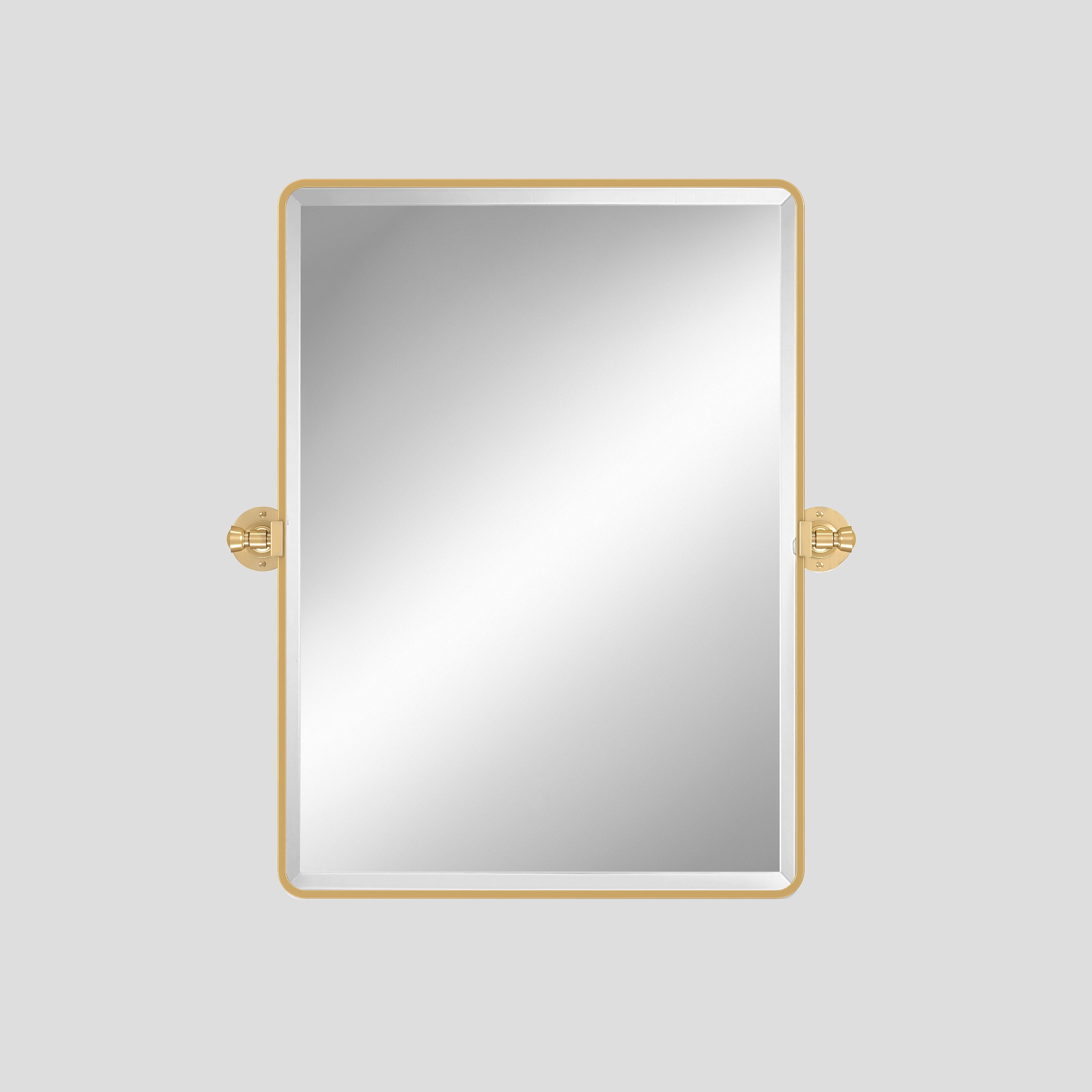 Rectangular mirror with gold frame on a light gray background