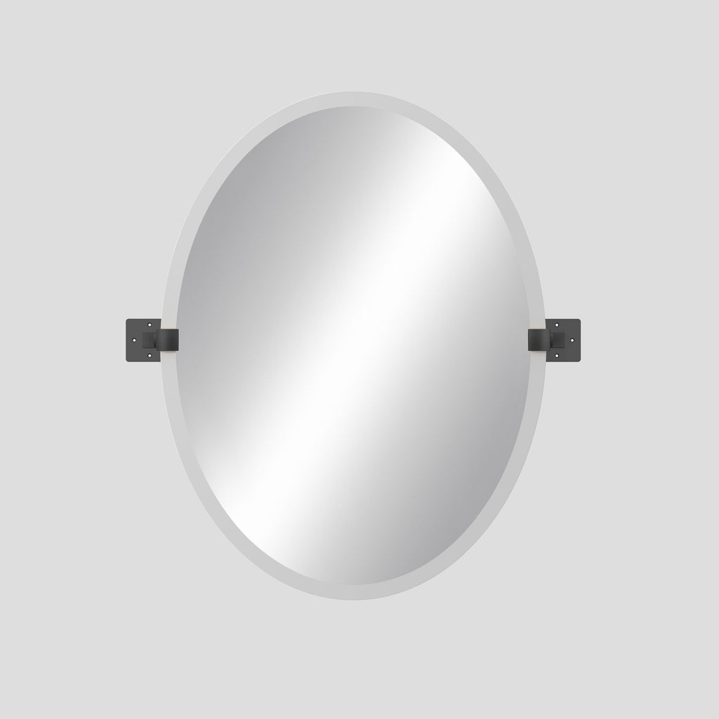 Round mirror with black brackets on a light gray background