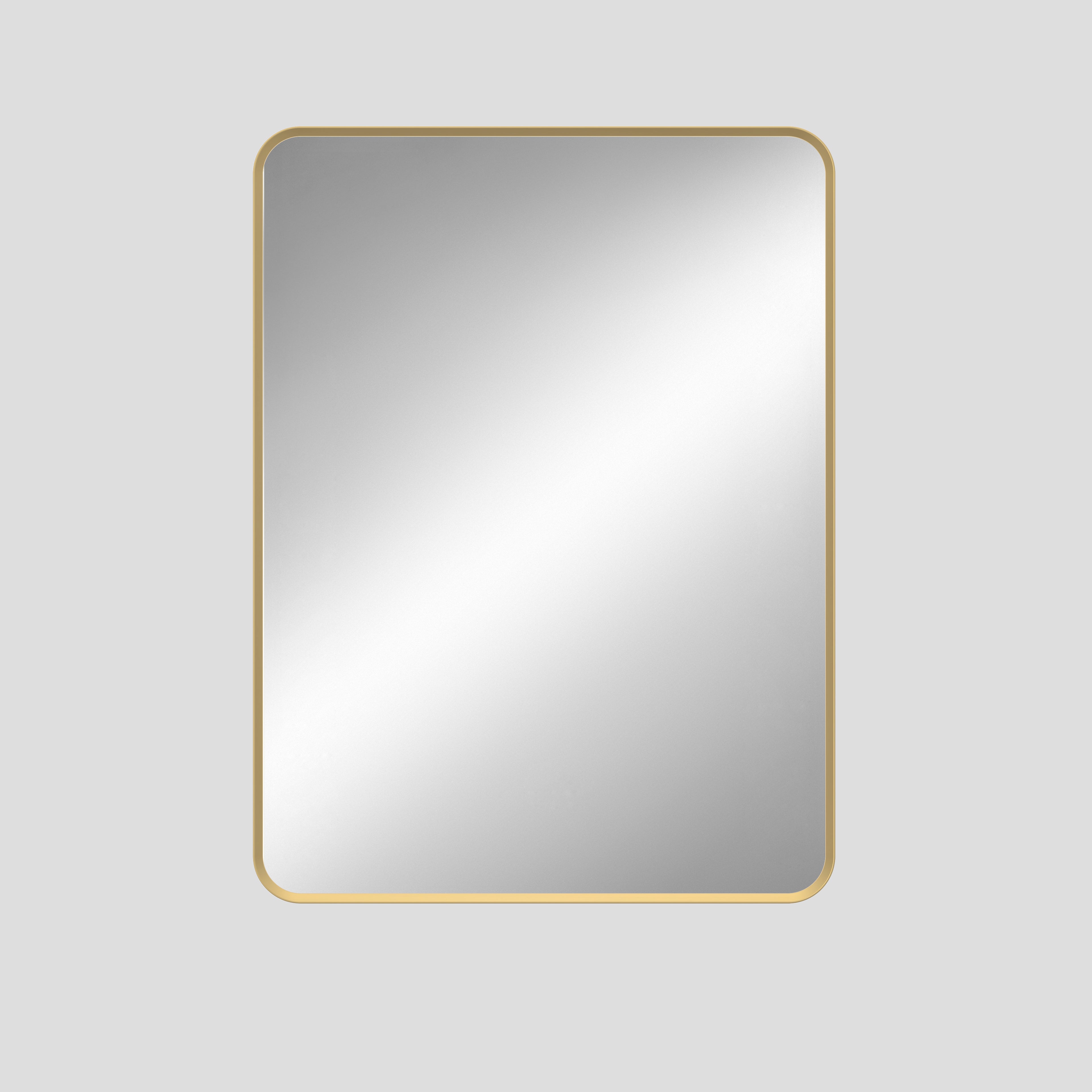 Rectangular mirror with a gold frame on a light gray background